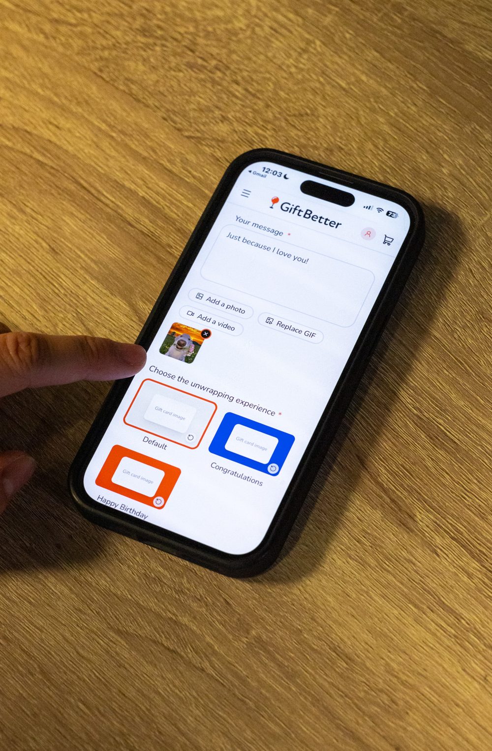 Adding a personal message and GIF to a GiftBetter gift on a phone